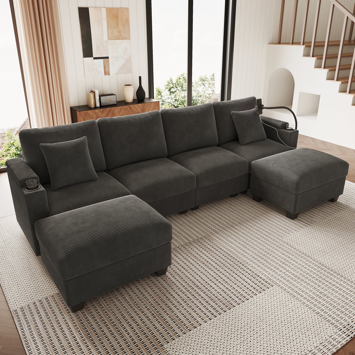 MODENUIT U-Bank 275,5 x 139 cm - Modulair Met Usb, Usb-C En Bekerhouders - Voor Woonkamer - Cord Grijs