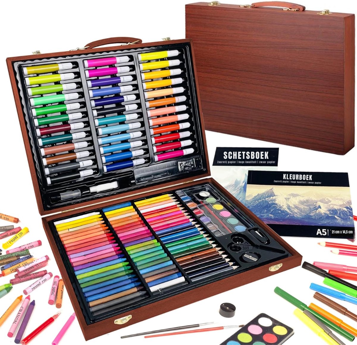 RUX® Tekenset - Tekendoos - Tekenkoffer - Tekenset Volwassenen - Tekendoos Voor Kinderen - Bruin - 38cm x 30cm x 6cm