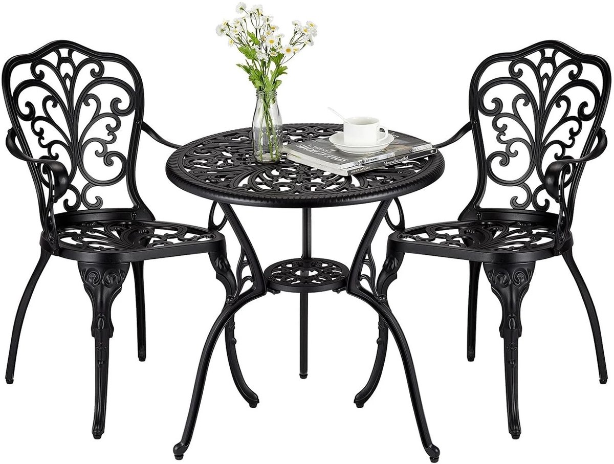 Sello! 3-delige bistroset – 3-delig – 2 personen – roestbestendig – tuin – terras – balkon – tafel met parasolopening - zwart