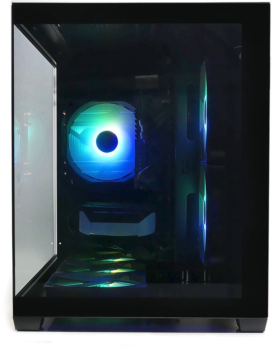 Computerkast met doorzichtige zijkant, verlichte ventilatoren met blauwe en paarse tinten.