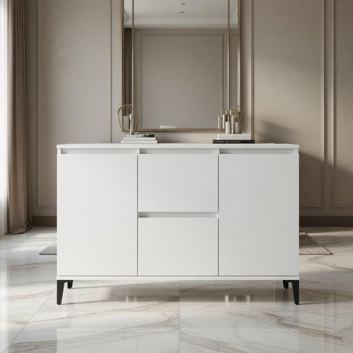 Luxe Industrieel Dressoir Kast met 2 Laden en 2 Deuren – Moderne Commode / Opbergkast / Bijzetkast – Multifunctionele Staande Kast voor Woonkamer, Hal en Slaapkamer – Wit Houtlook met Metalen Poten – 102x35x70 cm Mobili Bella