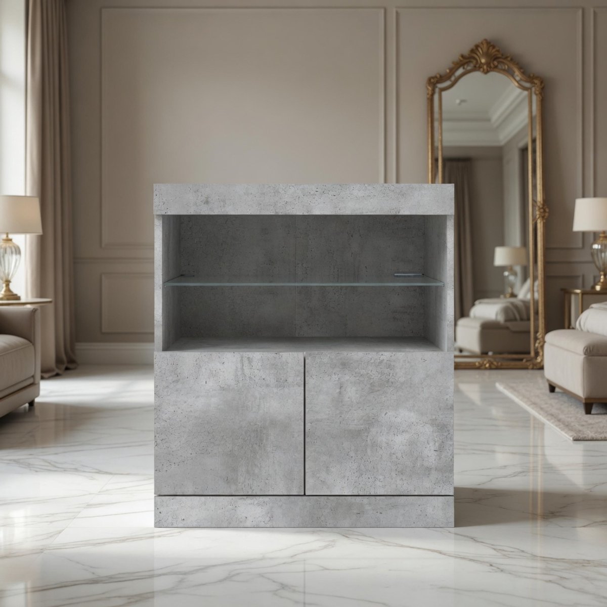 Luminara Modern Dressoir met RGB LED Verlichting en Opbergruimte – Betongrijs Highboard Kast 60x37x67 cm – Moderne Sideboard en Opbergkast voor Woonkamer en Slaapkamer – Mobili Bella