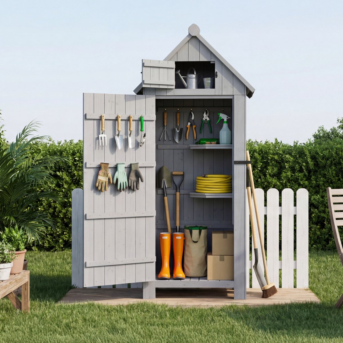HOMAVO Houten Tuinschuur met Haardhoutrek - Tuinhuis - Tuinkast - UV-Bescherming Zadeldak - 131 × 54.3 × 179 cm