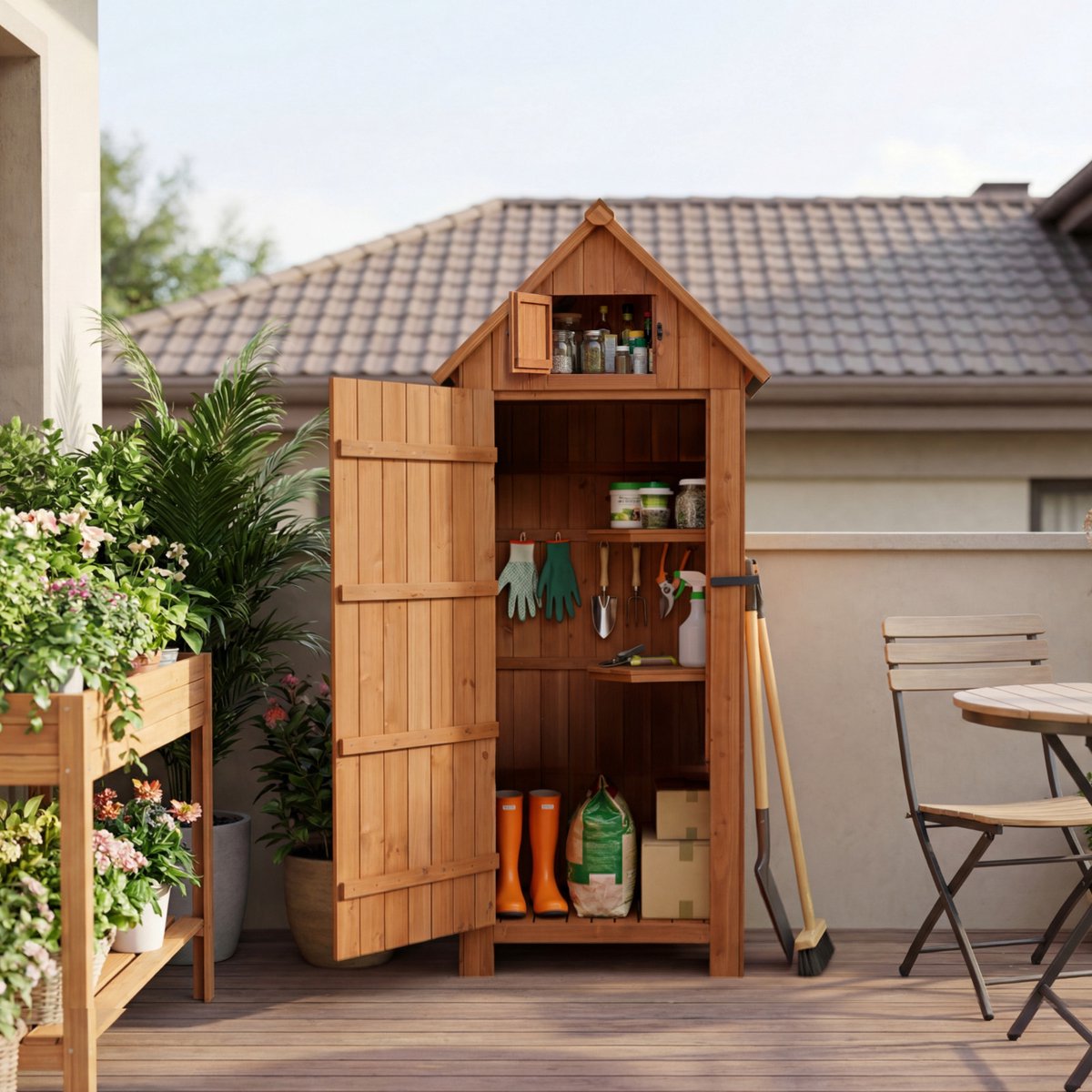HOMAVO Houten Tuinschuur - Tuinhuis - Tuinkast - UV-Bescherming Zadeldak - 77 × 54.3 × 179 cm