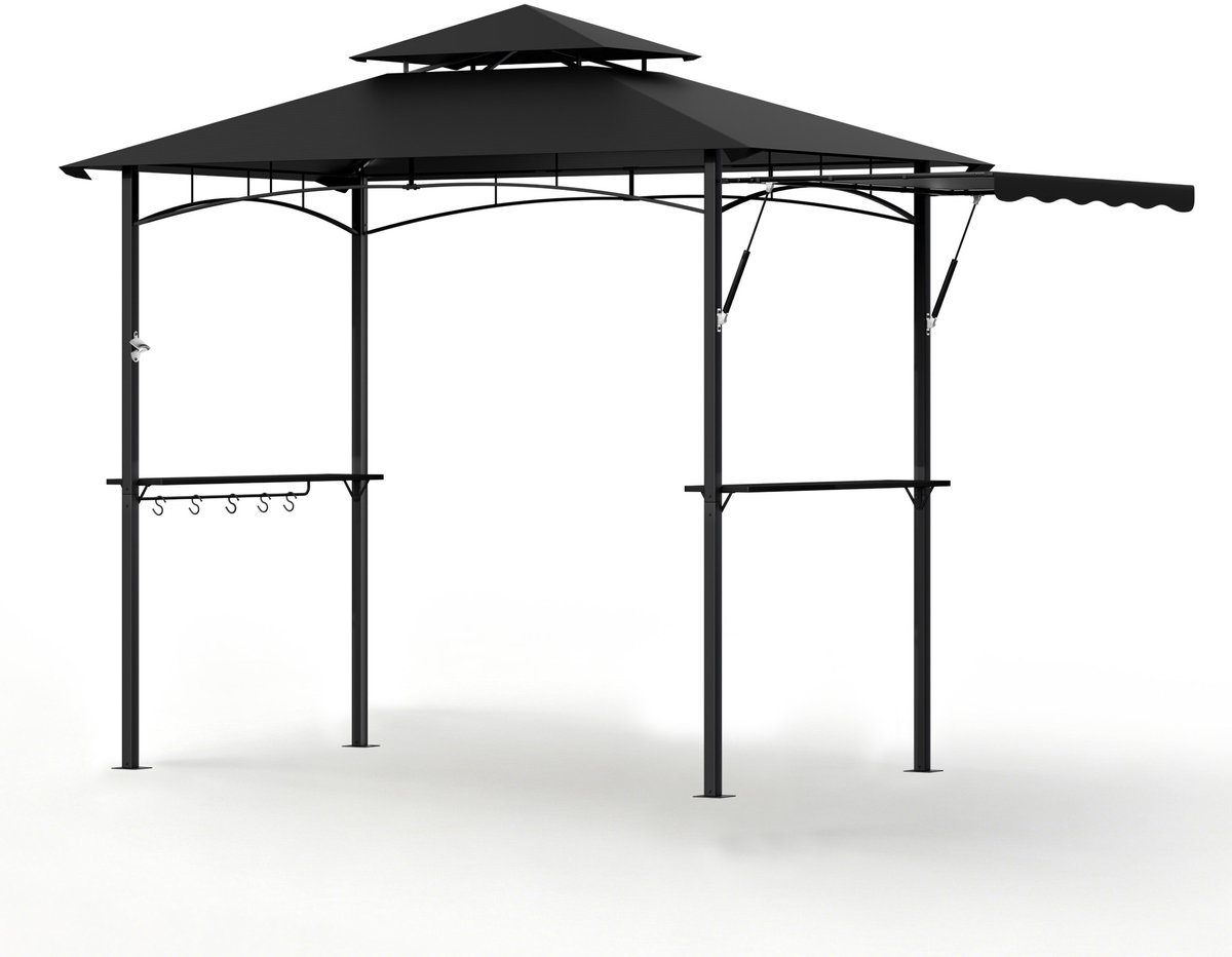 BBQ Paviljoen met Zijluifel en Dubbel Dak – Barbecue Overkapping van Staal – 245 × 141 × 253 cm – Zwart