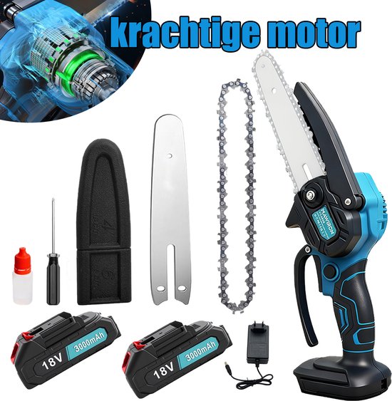 Mini kettingzaag, 15 cm draadloze kettingzaag, krachtige elektrische handkettingzaag van 500 W, met 2 accu's en 1 ketting, boomtrimmer, tuingereedschap, cadeau voor mannen, vaders, papa's