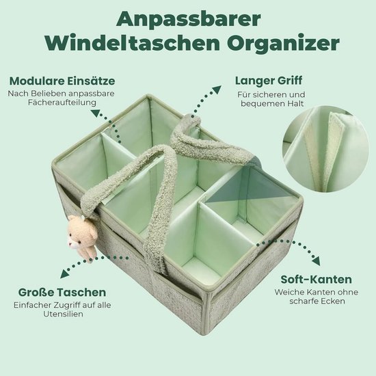 Luiermandje - Baby Organizer - 38x25x17cm - Saliegroen - Commode Organizer - Zachte Pluche Opbergmand - Verschoonmandje - Babykamer Decoratie - Kraamcadeau - Modulair met Afneembare Verdelers — afbeelding 5