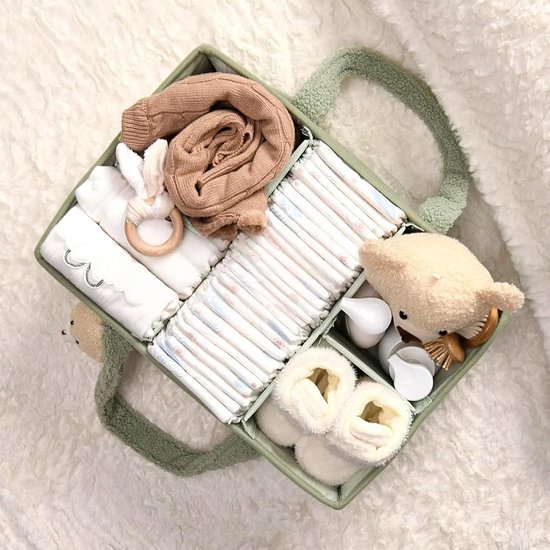 Luiermandje - Baby Organizer - 38x25x17cm - Saliegroen - Commode Organizer - Zachte Pluche Opbergmand - Verschoonmandje - Babykamer Decoratie - Kraamcadeau - Modulair met Afneembare Verdelers — afbeelding 2