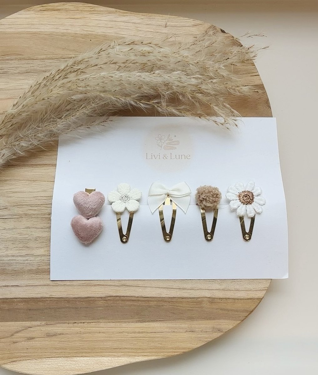 Livi Lune Haarspeldjes Meisjes Set Vijf Roze Madeliefjes Hartjes Strikjes Bloemen Beige Wit Roze