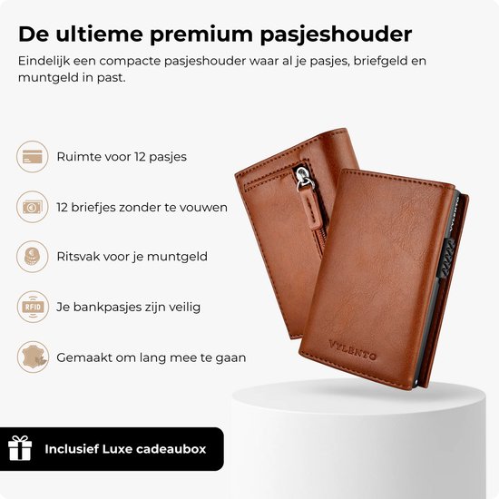 Portefeuille marron de luxe avec poche pour pièces et billets. Boîte cadeau incluse.