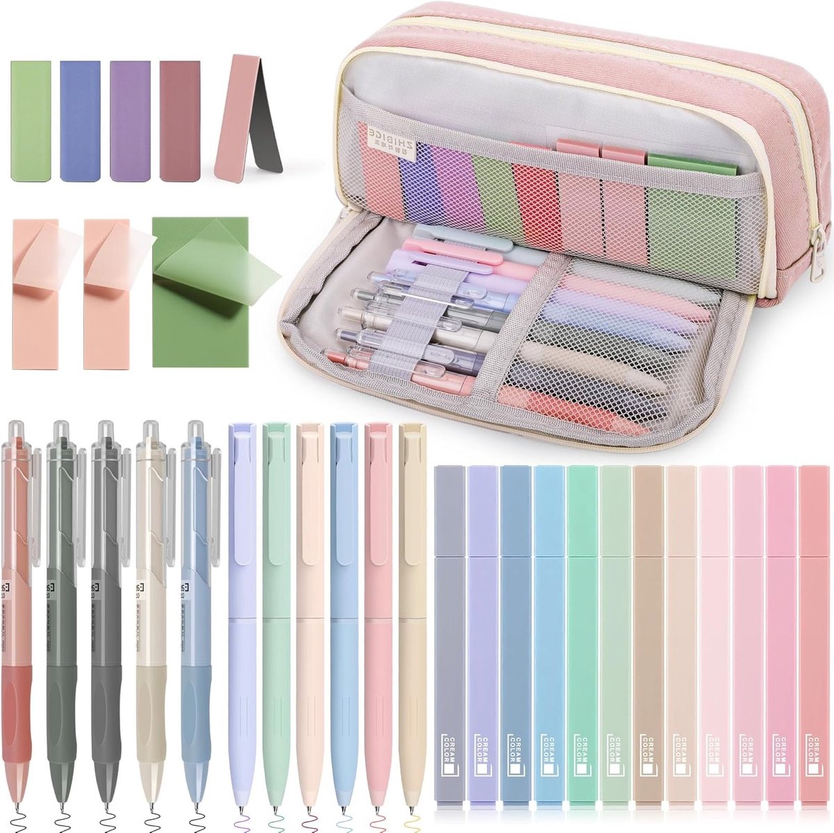 32-delig Aesthetic Stationery Set met Roze Pennenhouder, Pastel Markers, Kleur- en Zwarte Pennen, Magnetische Boekmerken en Plaknotities voor Creatieve Projecten