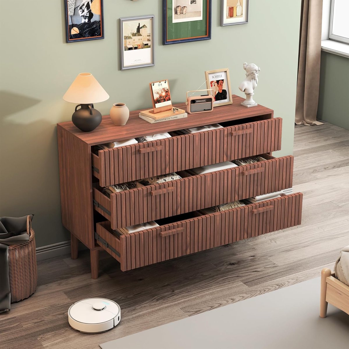 Elegante 6-Ladige Houten Commode / Ladekast voor Slaapkamer en Woonkamer 100x34x73 cm – Anti-Kantel Opbergkast, Art Deco Design, Veelzijdige Opbergmeubel