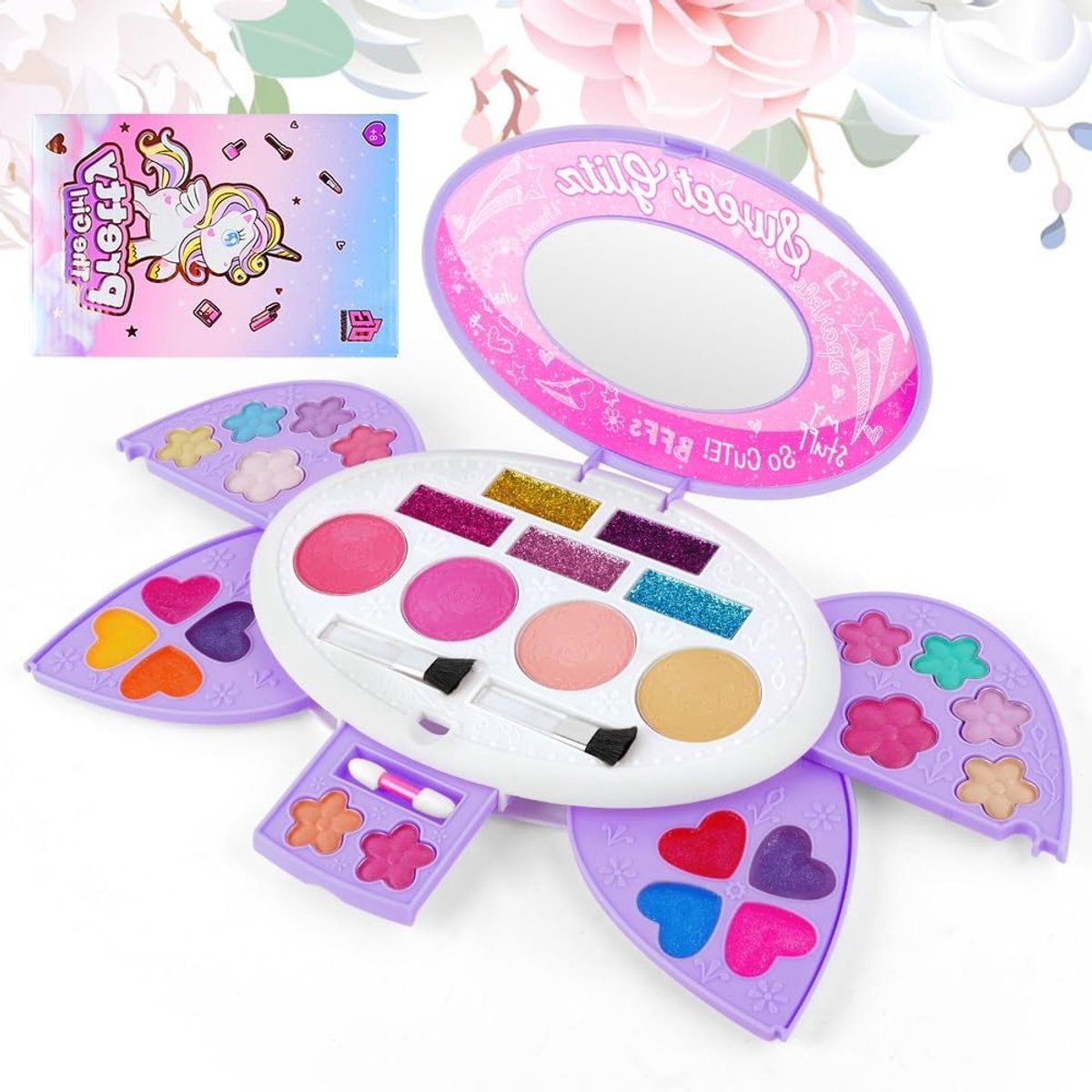 29-delige Make-upset voor Kinderen, Wasbare Make-up Starter Kit met Stickers, Spiegel en Kwasten, Veilig en Niet-Toxisch, Geschikt voor Meisjes van 3 Jaar en Oudere