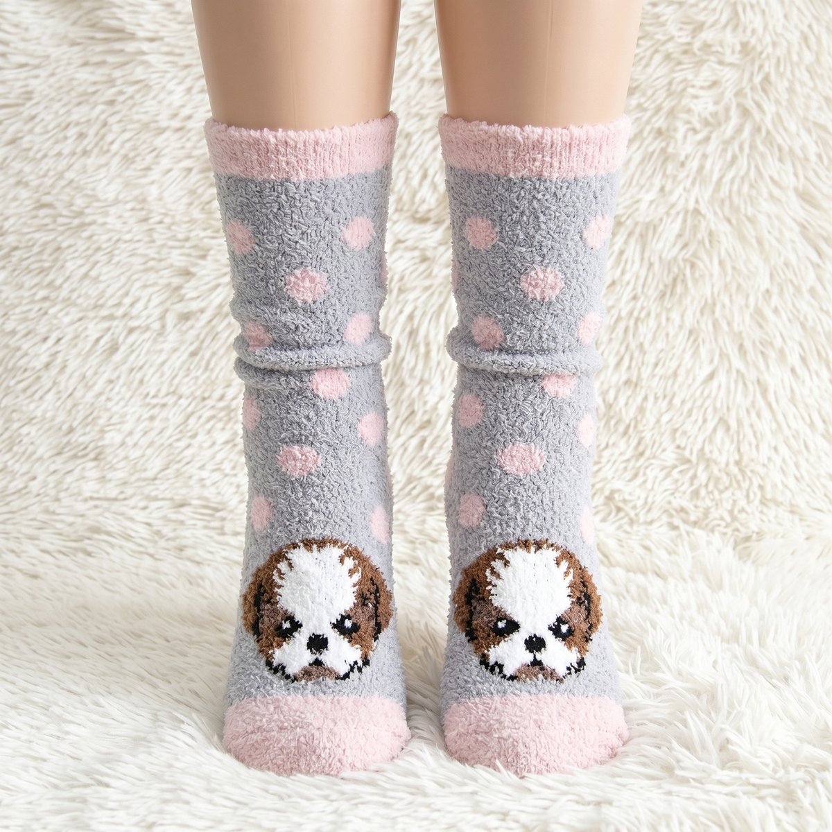 Fluffy Sokken Dames - huissokken - grijs - roze - leuke print hond - gestipt - 36 - 40 - cadeau voor haar - geschenk vrouwen - Kerst cadeau - verjaardagscadeau - extra zacht