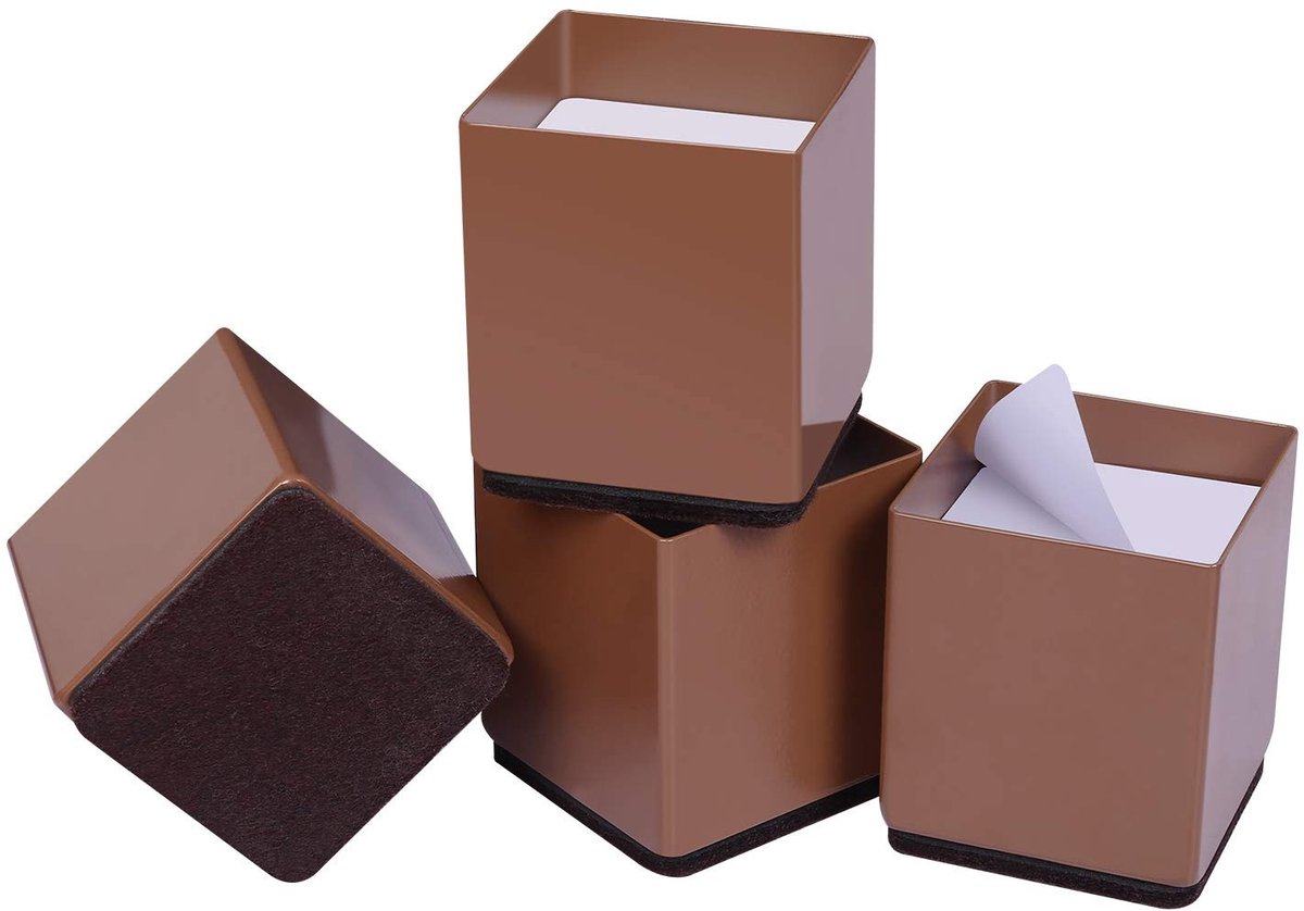 Allecto - Bed Risers - Verhoogde Meubelsteunen - Sterke Ondersteuning - Bruin - Meubelverhogers - Geschikt voor Zachte en Harde Vloeren - Set van 4