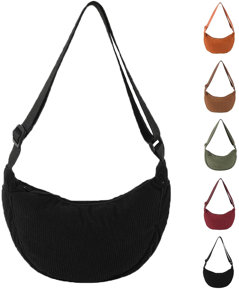 Allecto - Half moon schoudertas - Corduroy crossbody tas - Verstelbare schouderriem - Zwart - Crescent tas voor vrouwen - Perfect voor dagelijks ge...
