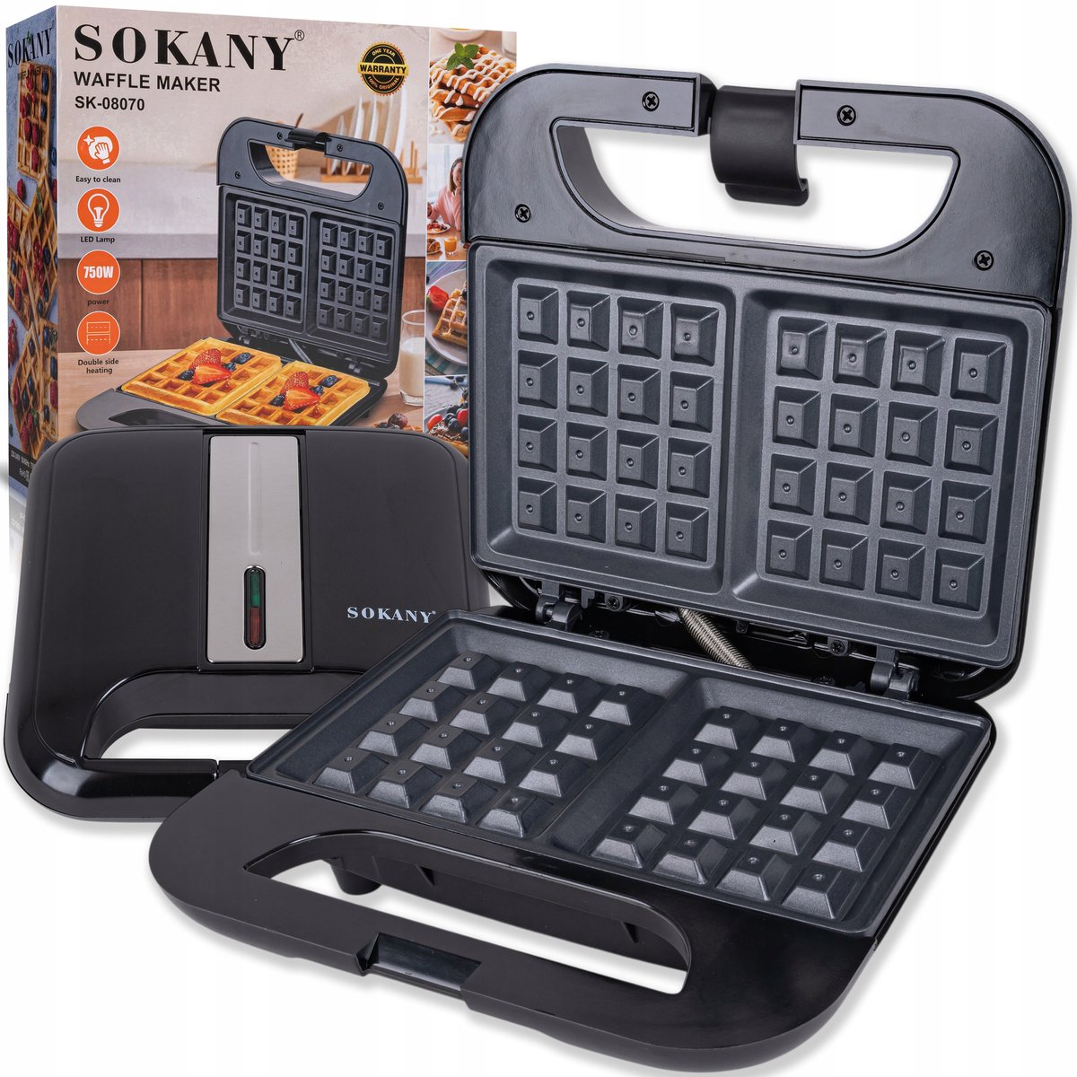 SOKANY SK-08070 Wafelijzer - 750W - Voor 2 Belgische Gofres - Antiaanbaklaag - Dubbelzijdige Verwarming - LED Indicatielampjes - Compact Design