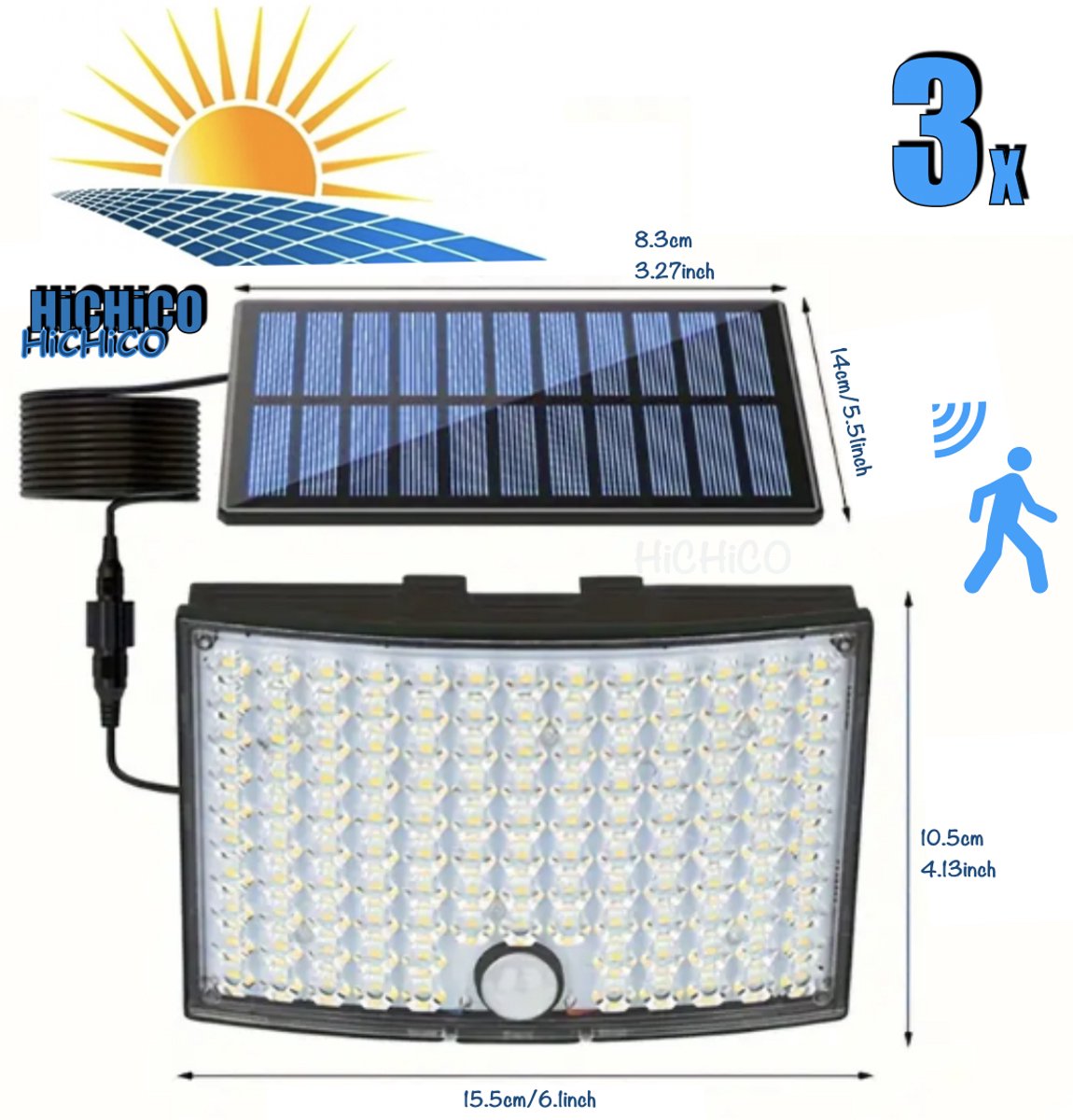 HiCHiCO® Tuin wandlampen - Solar Buitenlamp met Bewegingssensor - wandverlichting, 3 modi voor beveiligingslampen - Tuinverlichting - Wandlamp Buiten 3STUKS