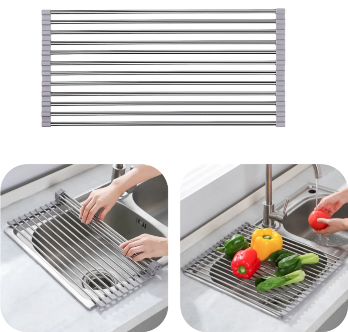 Afdruiprek – Opvouwbaar & demonteerbaar afdruiprek voor boven de spoelbak – Afdruipmat / -rooster – Geschikt voor kopjes, groenten & fruit – De ultieme keukenorganizer – Multifunctioneel keukenrek voor servies, groenten & fruit –47*24 cm