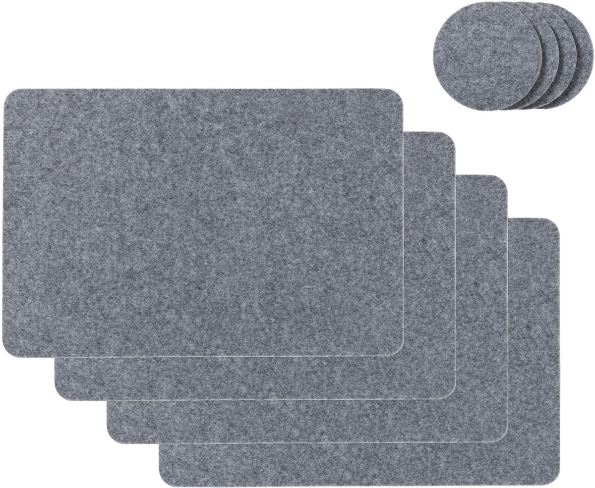 Vilt Placemats Rechthoek 4-delig met Onderzetters Grijs - 5mm