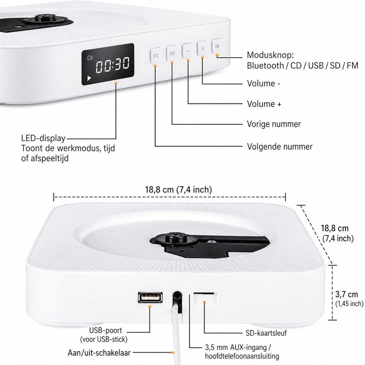 CD Speler - Met FM-Radio/Bluetooth/USB thumbnail 4