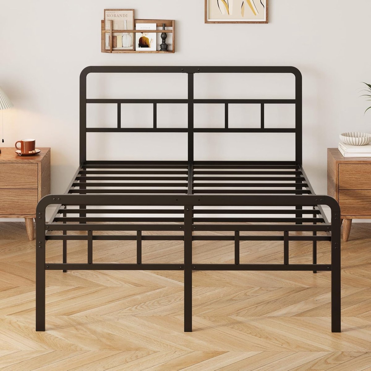 Industriële Luxe Metalen Bedframe 180x200 cm met Hoofdbord en Voetbord – Stevig & Geluidloos Tweepersoons Bed met 46 cm Opbergruimte, Modern Zwart Design