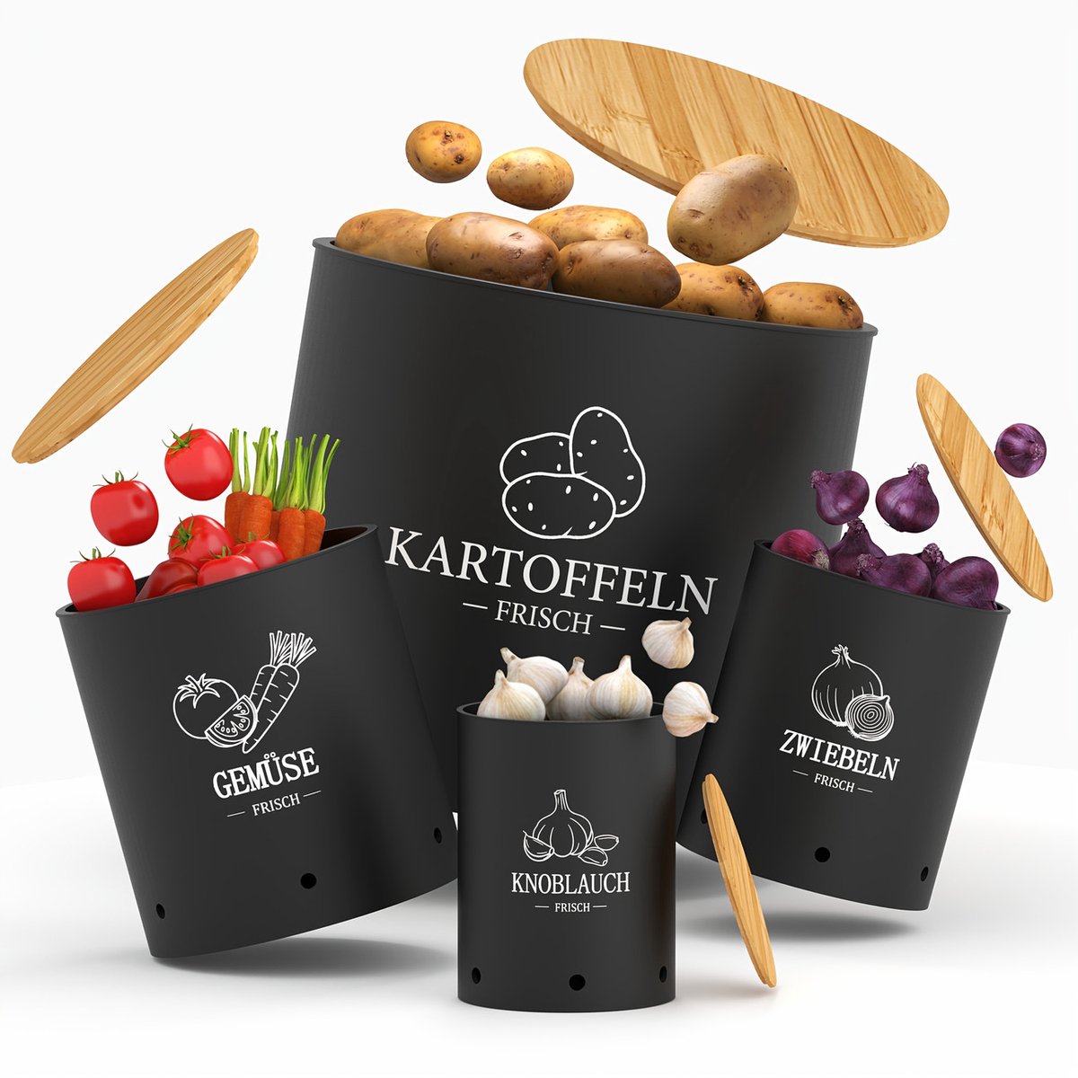 Set van 4 matzwart - gouden opbergblikken met klepdeksel – ronde keukencontainers voor aardappelen, uien & knoflook