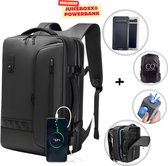 Zwarte rugzak, inclusief JuiceBoxx powerbank, CC-tas en powerbank met lampje.