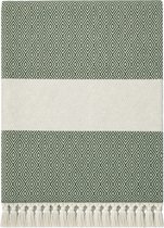 Groene hamamdoek met diamantpatroon, witte band en franjes.