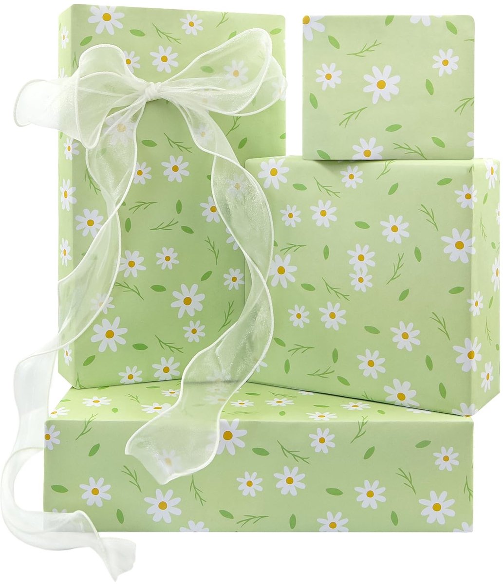 NTHProducts - Daisy Floral Gift Wrap - Elegante Bloemen Verpakking - Groen - Verpakking voor Verjaardag en Bruiloft - 4 Vellen Cadeaupapier - Geschikt ...
