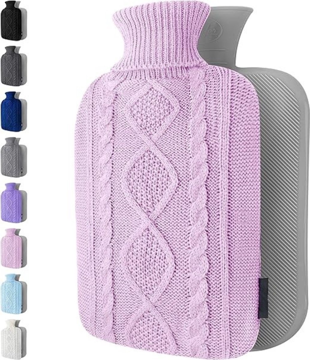 Verte Kruikzak - Warmwaterkruik met Gebreide hoes - Zachte Hoes van Topkwaliteit - Warmwaterkruik voor Pijnverlichting Bij Rug - Nek- en Schouderklachten - Leuk Cadeau voor Vrouwen en Kinderen - Lila - 1,8 L