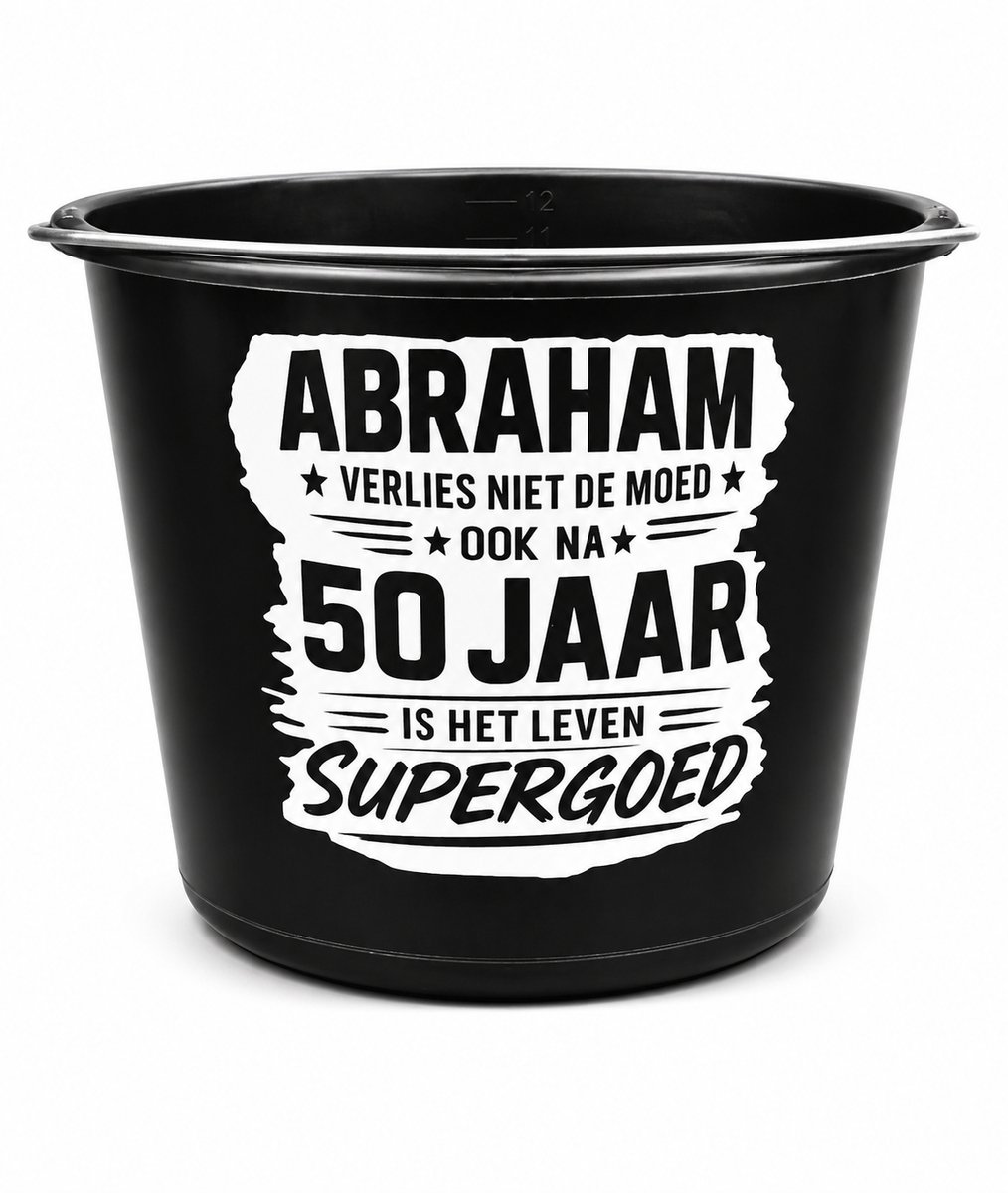 Bedrukte zwarte emmer 12 liter Abraham - 50 jaar
