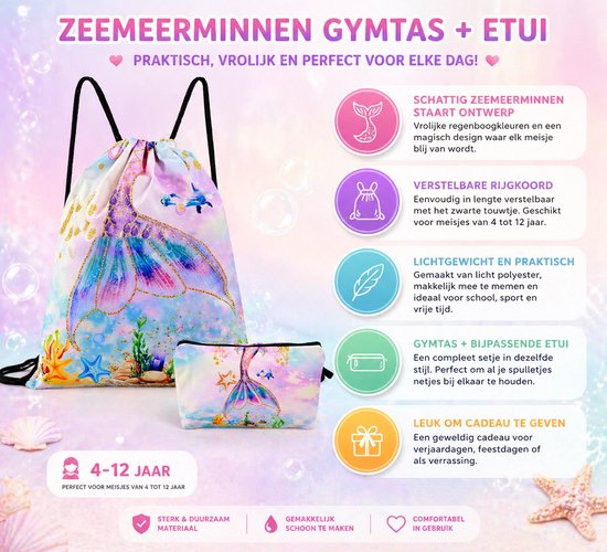 Gymtas en etui met zeemeerminnenprint, ideaal voor meisjes van 4-12 jaar. Lichtgewicht, praktisch met verstelbare riemen en een trekkoordsluiting.