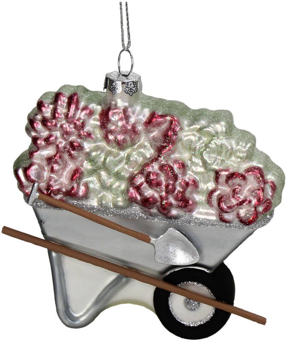 HD Collection Kerst Ornament Kruiwagen met Bloemen – Glas Multi – 10 cm – Boutique de Noël