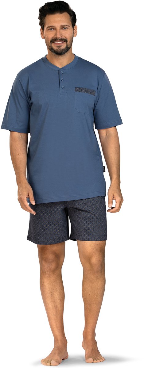 Comte - Heren Shortama - 100% katoen - effen blauw met print broek - Maat XL