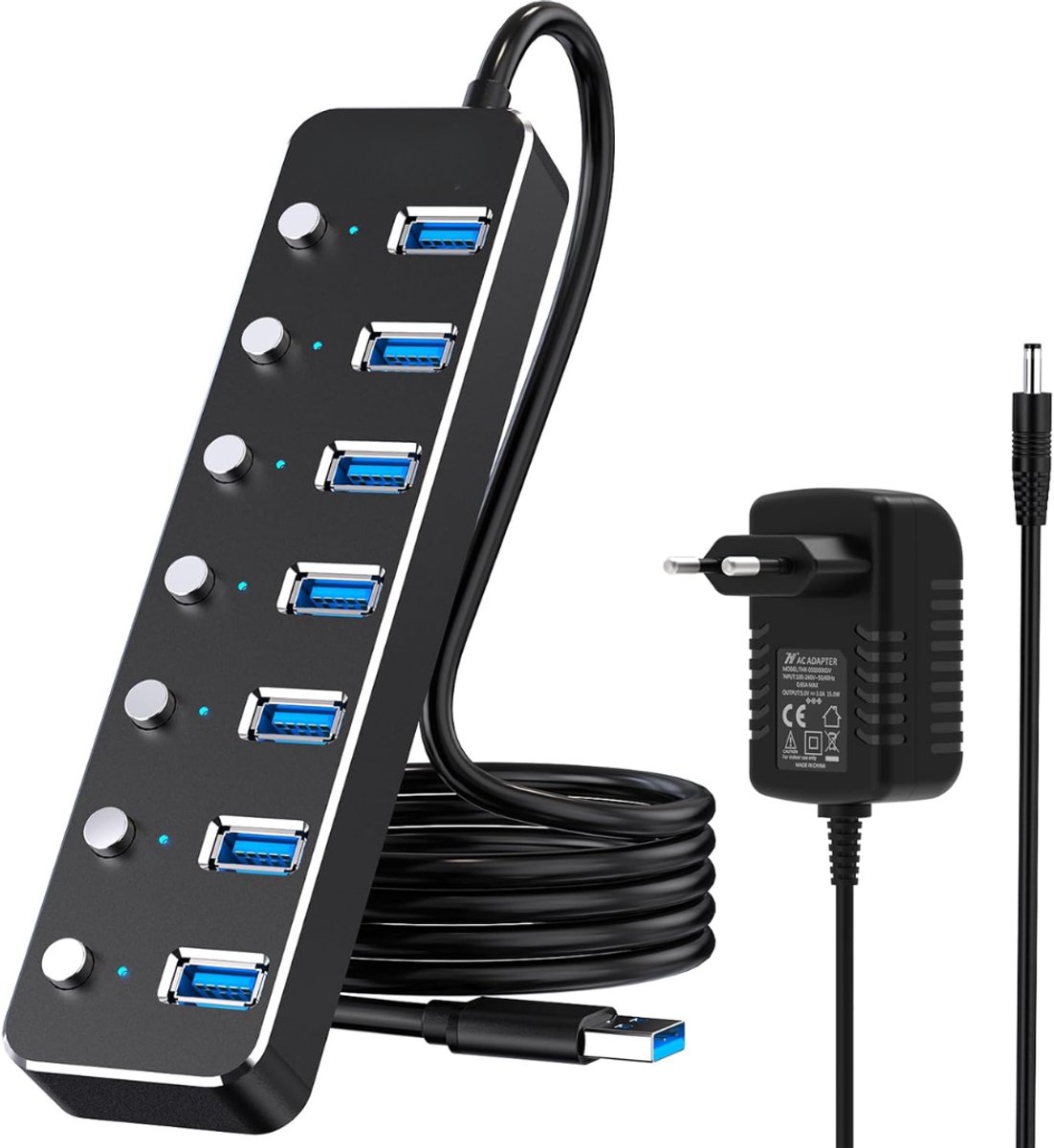 RUX® USB Hub met Voeding - USB Hub - USB Splitter - Zwart - 17cm x 5cm x 2cm