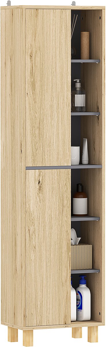 HOMCOM-Badkamerkast-MDF-40x24x148cm-Natuurlijk hout