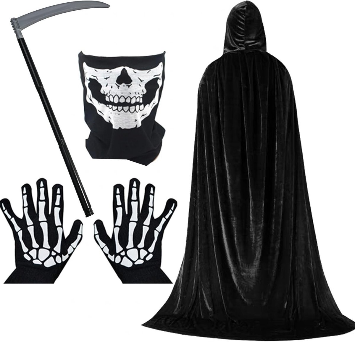 Halloween Cape Set met Gezichtsmasker, Handschoenen en Zeis voor Feestdecoratie en Cosplay (L)