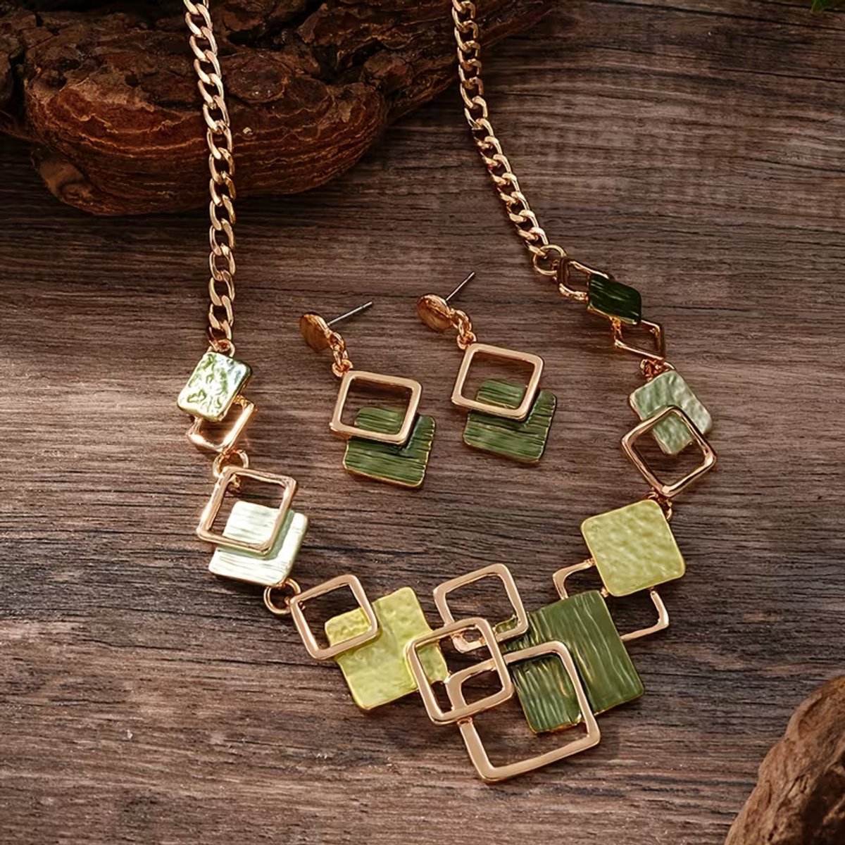 My Sweet Romance® 2-delige sieradenset dames – Ketting 49+5 cm met hanger & bijpassende oorbellen 3,8x1,78 cm – Boho Vintage stijl – Geometrisch ontwerp