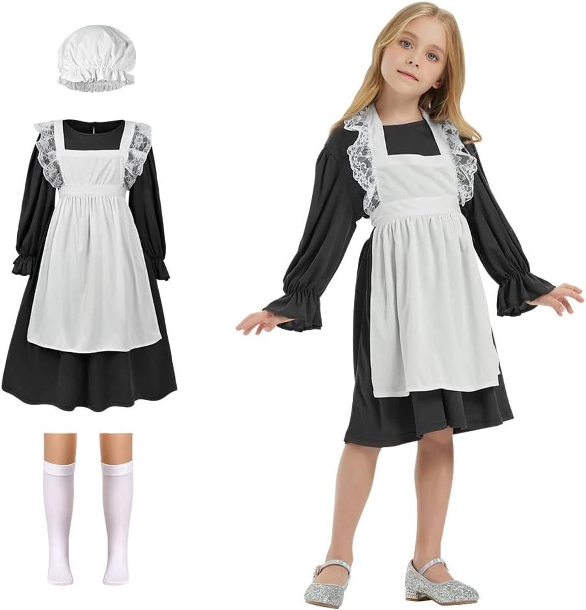 Victoriaanse Meisjes Kostuum met Mop Cap en Witte Sokken, Middeleeuwse Jurk voor Halloween en Wereld Boek Dag, Perfect voor Cosplay en Theatervoorstellingen