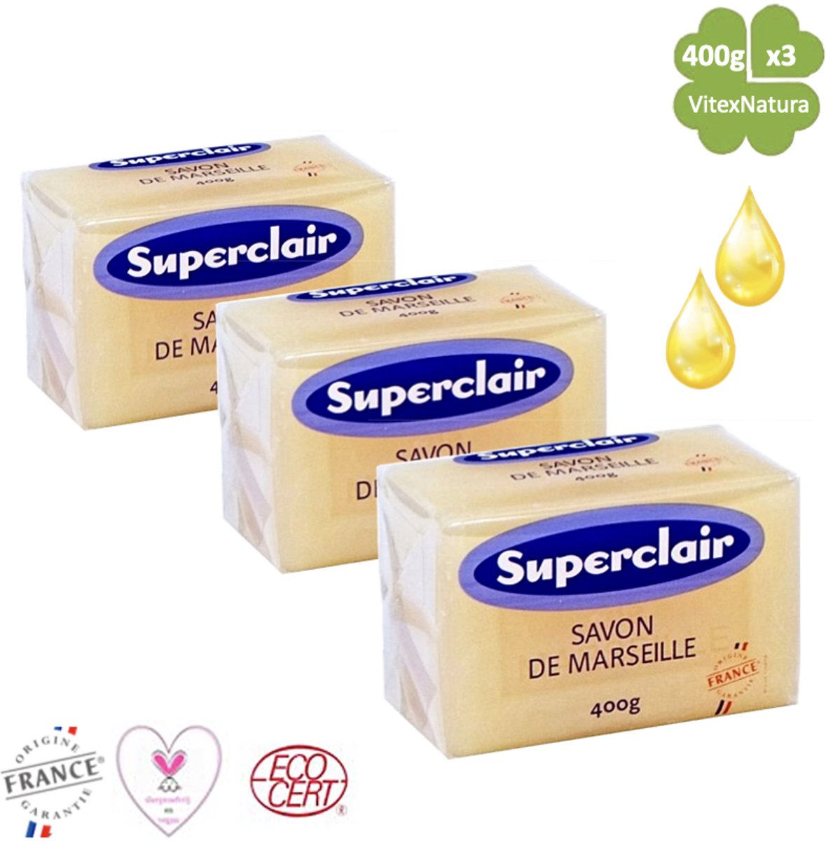 Superclair - Zeeptablet - Marseille Zeep - Glycerine - 400gr x 3