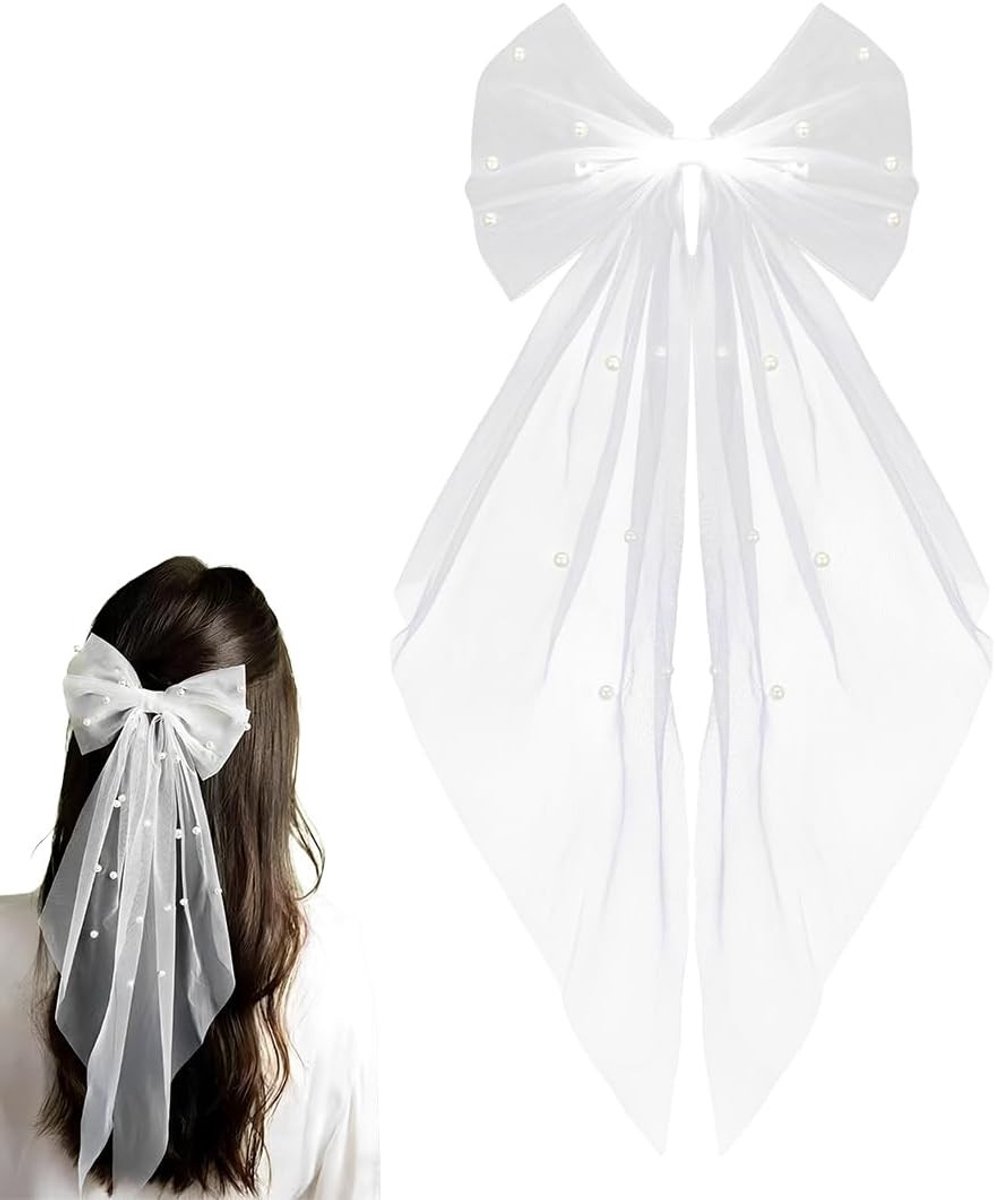 Elegante bruidssluier van witte tule met kralen en haarspeld voor bruiloften, verlovingen en feestelijke gelegenheden