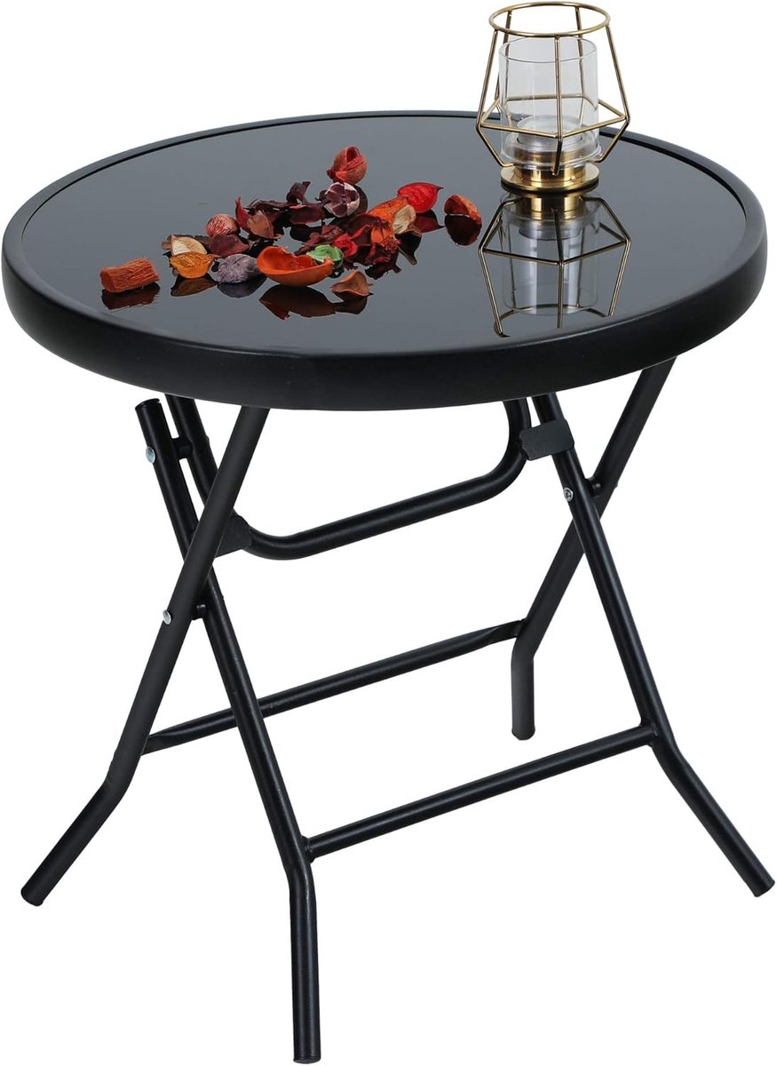 Opvouwbare Bijzettafel Buiten & Binnen - Ruimtebesparend Design - Gehard Glas & Metaal Frame - Weerbestendig & Stabiel - Balkon Tuintafel Zwart - Kleine Salontafel Opvouwbaar Compact