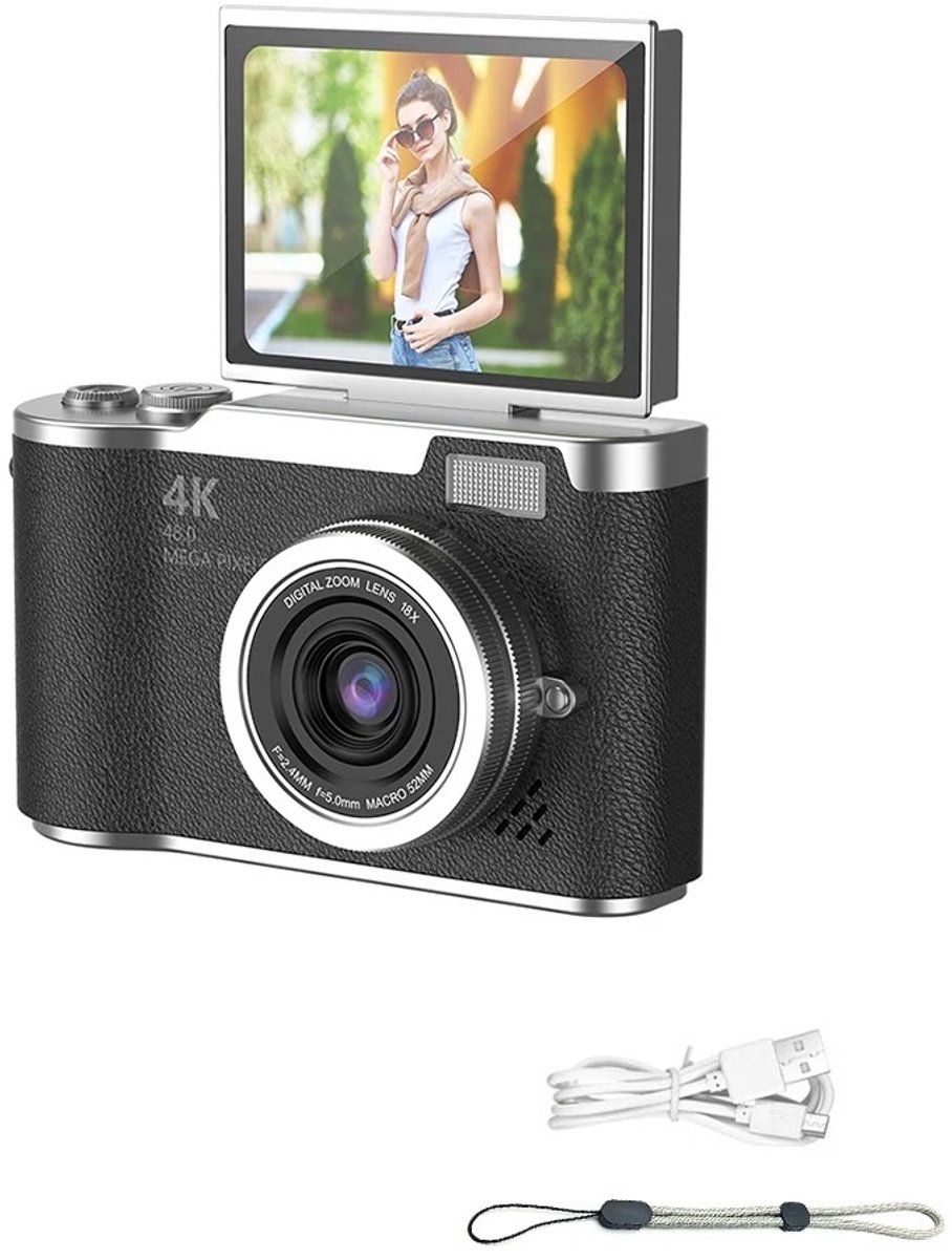WiseGoods Premium Digitale Camera 48MP & 1080P - Met Klapscherm - LED Lamp - 8x Zoom - Compact Fototoestel - Reizen - Zwart