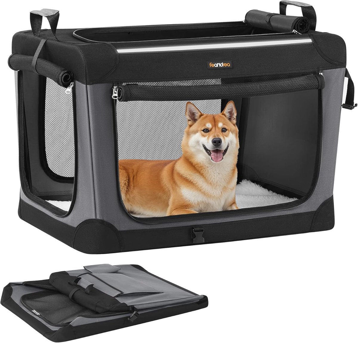 Feandrea opvouwbare hondenbench, draagbare reisbench voor huisdieren voor middelgrote honden, 76,2 x 53,4 x 53,4 cm, Oxford stoffen huisdierendrager met gaasdeuren, opbergvak, inktzwart PDC017B01