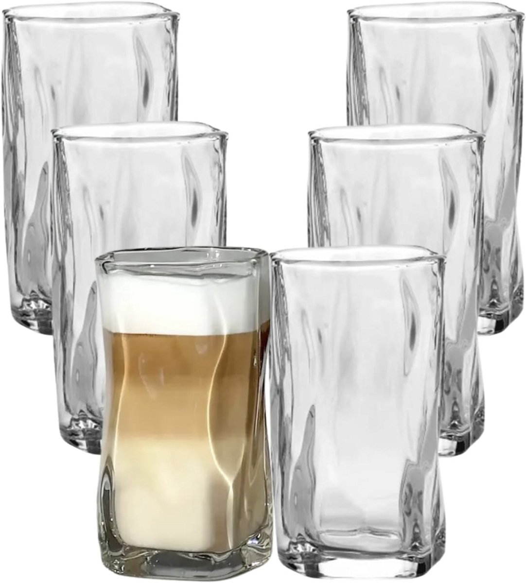 Glazenset 5 Stuks 250ml – Wave Design Drinkglazen – Waterglazen & Whiskeyglazen – Hittebestendig – Vaatwasserbestendig – Voor Koffie, Latte Macchiato, Frisdrank & Matcha