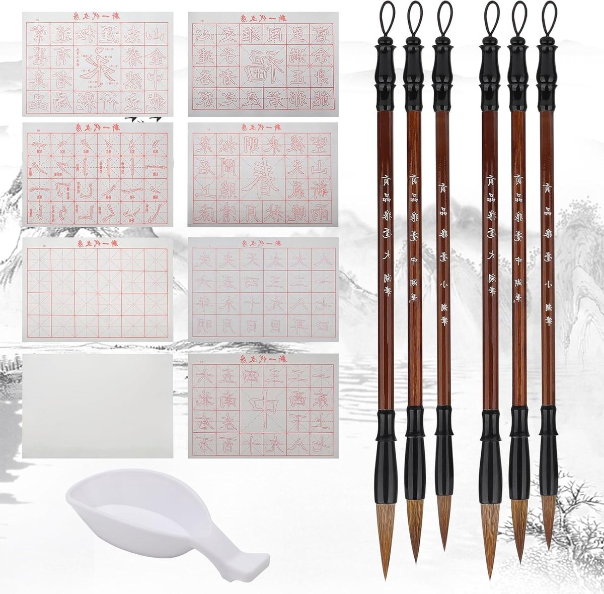 23-delige Chinese kalligrafieset met 16 water schrijfpapier, 6 traditionele penselen en watermeetlat voor beginners
