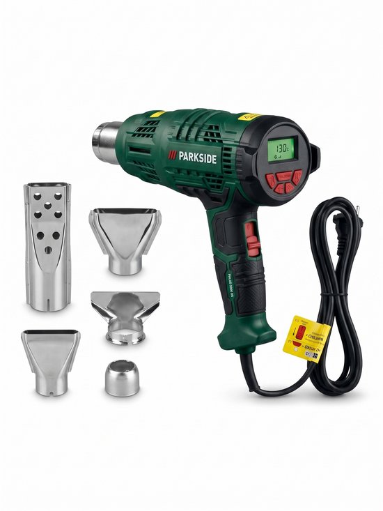 PARKSIDE® Digitale heteluchtpistool - Aansluitvermogen: 2000 W - Temperatuur: 50-650 °C - Luchtvolume: 150-500 l/min - Inclusief 1x reduceermondstuk, 1x spatelmondstuk, 1x vlak mondstuk, 1x barbecue-aanstekermondstuk