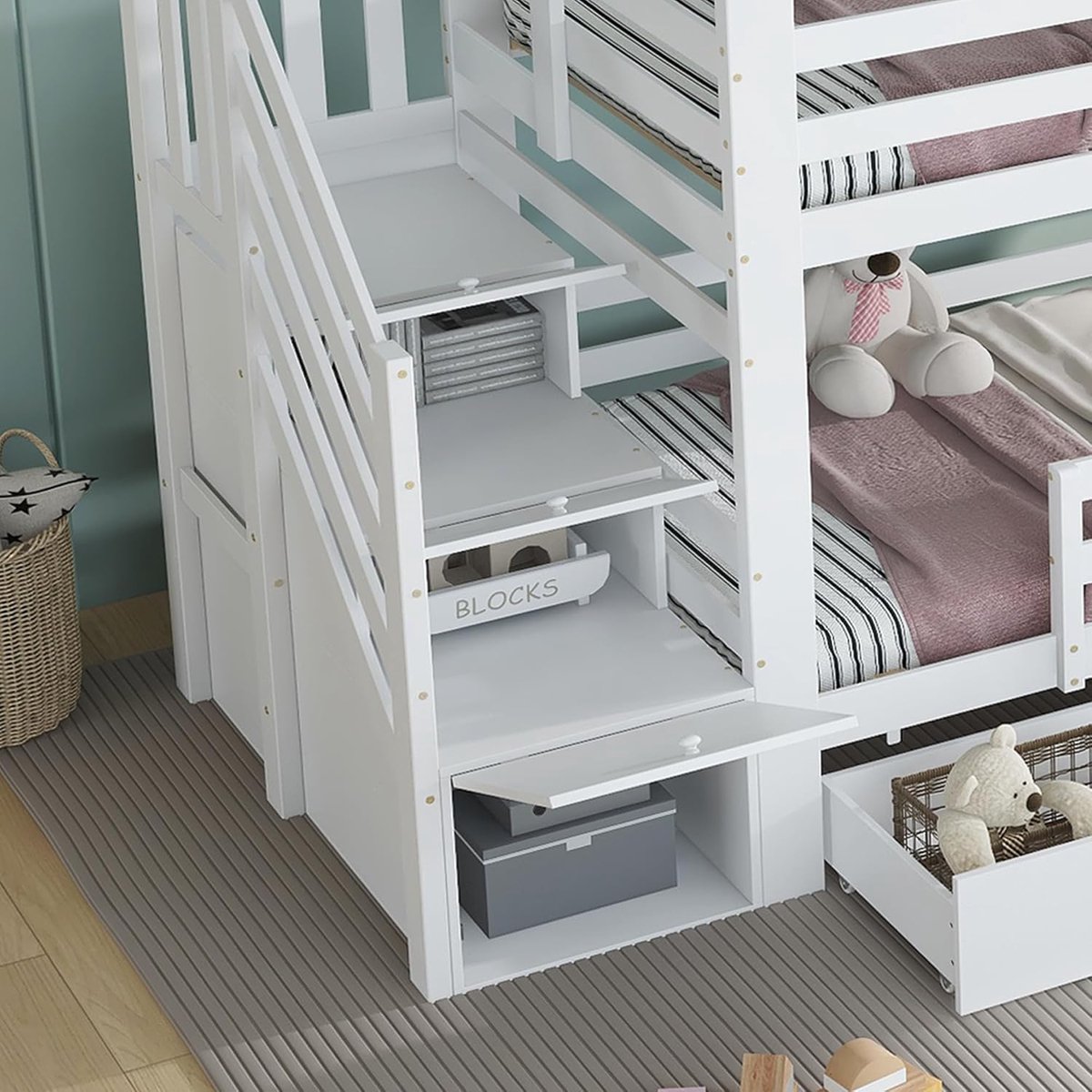 Kinder stapelbed huisbed met trapkast en opberglades 90x200 cm 2.53x0.95x2.18 m – Luxe Huisvorm Loftbed met Ramen & Dak, Wit Grenen/MDF/Multiplex | Laura