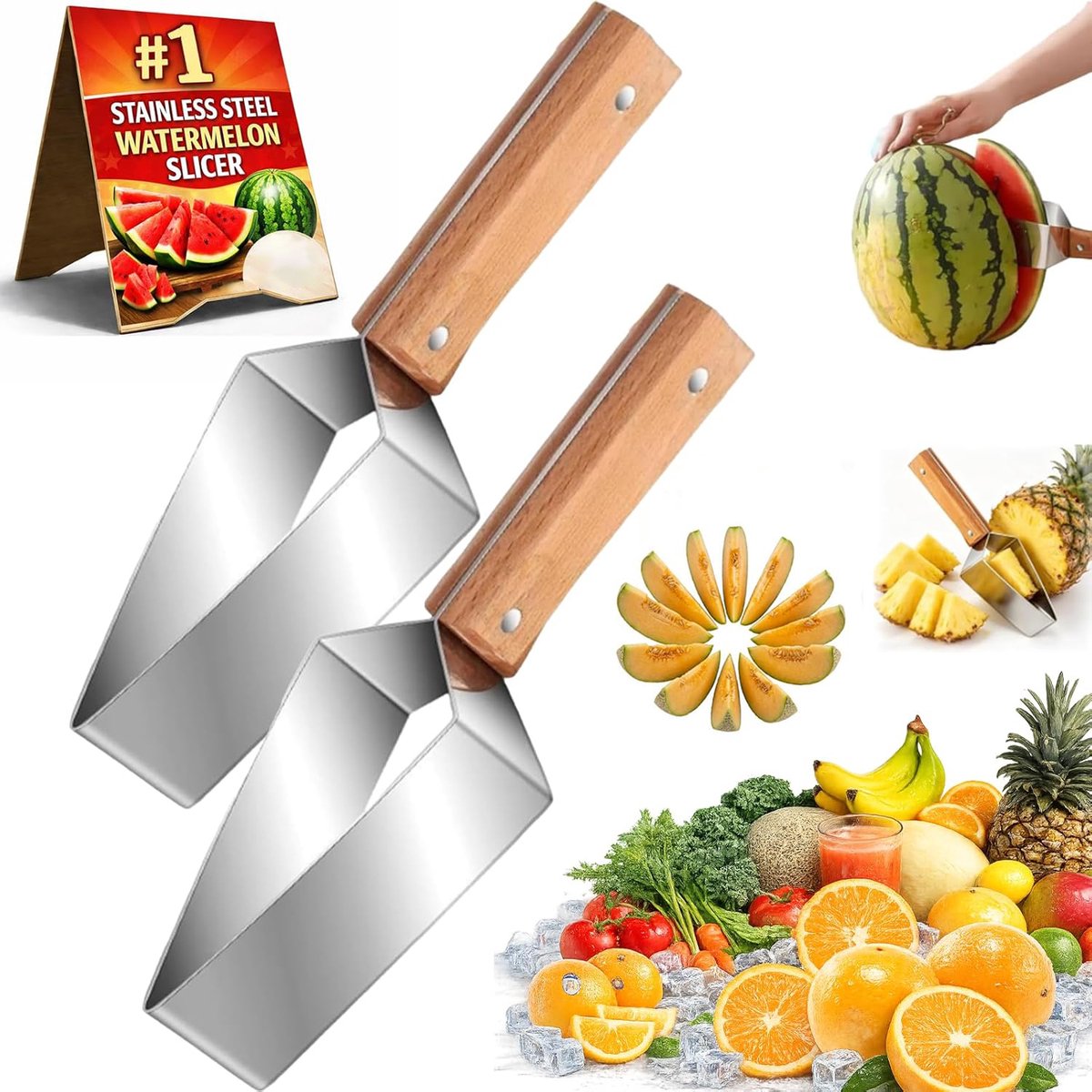 Watermeloen Snijder RVS - Meloensnijder met Houten Handvat - Nieuw Driehoekig Model 2026 - Fruitsnijder voor Watermeloen, Cantaloupe, Ananas & Meloen - Blokjessnijder - Keukenhulpjes Meloen - Zomer Keuken Accessoires en Gadgets - 2 Stuks - SOLLBRY®